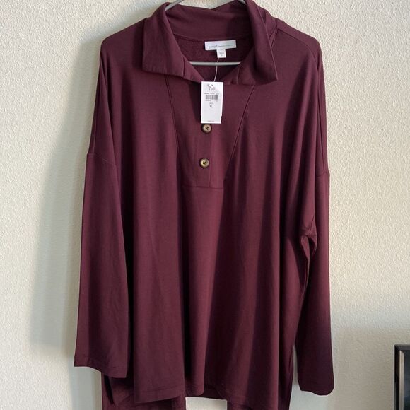 Pure Jill Tranquility Fleece Buttoned-Collar Top XL NWT Burgundy - Picture 1 of 10
